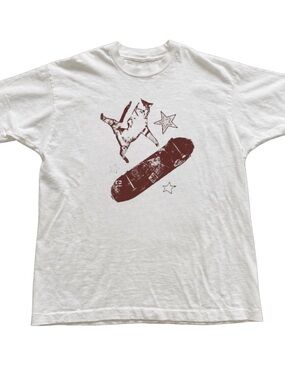White T-Shirt with Maroon Skateboard Cat Graphic